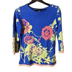 Kool Knitwear Women's Blue Bright Floral Knit Top Size Medium Boho Vacation